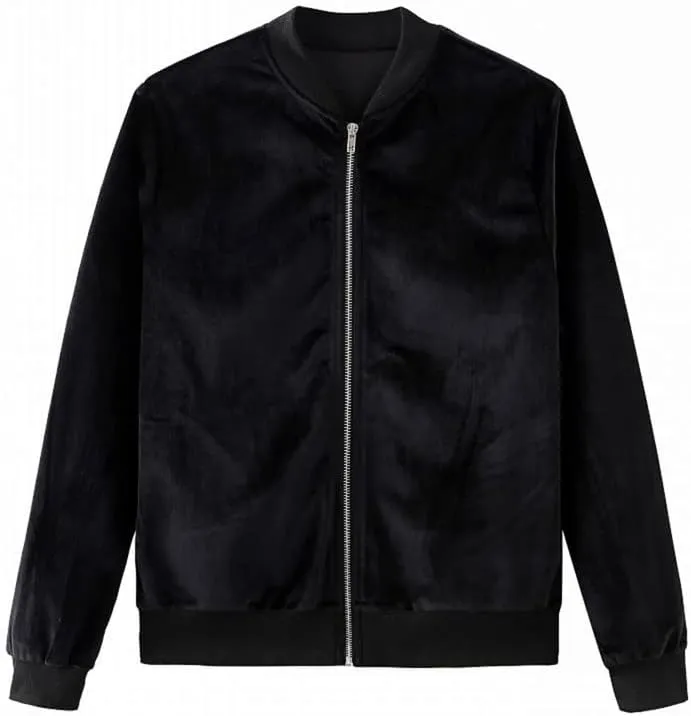Women's Velvet Bomber Jacket Casual Coat Zip Up Outerwear Solid Windbreaker