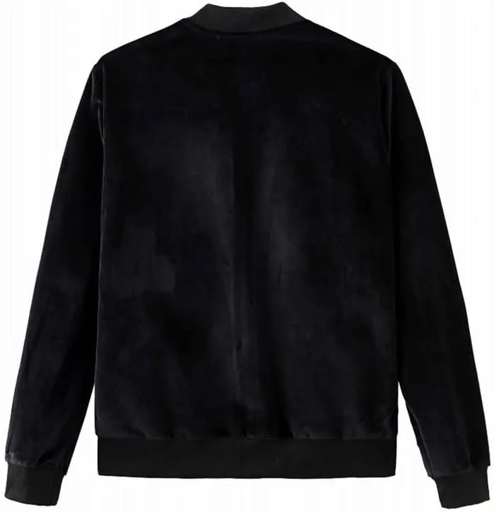 Women's Velvet Bomber Jacket Casual Coat Zip Up Outerwear Solid Windbreaker