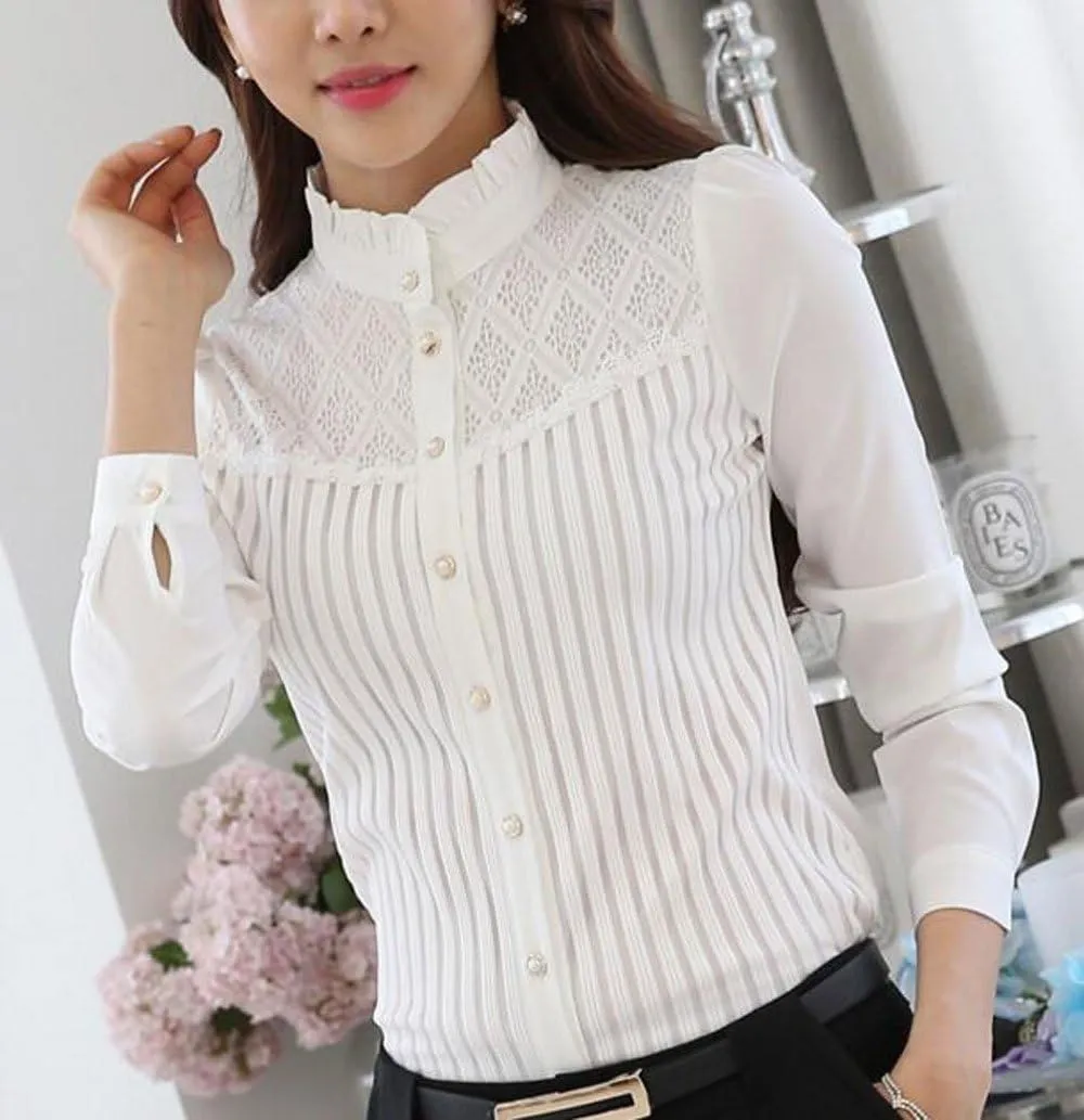 Womens Vintage Victorian Pleated Button Down Shirt Long Sleeve Stretch Blouse