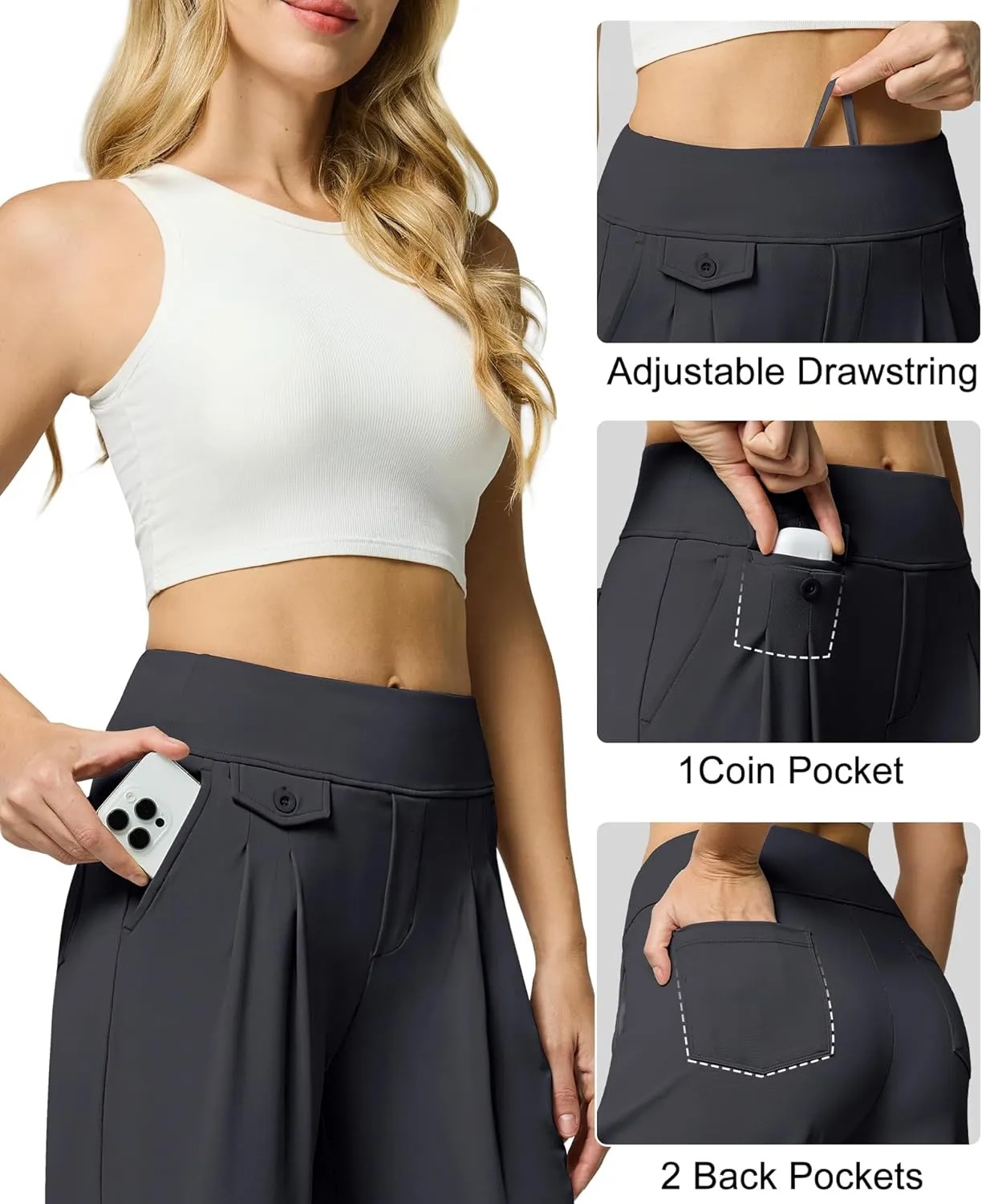 Womens Wide Leg Pants Pull On High Waist Stretch Dress Business Casual Yoga Work Pants with 5 Pockets
