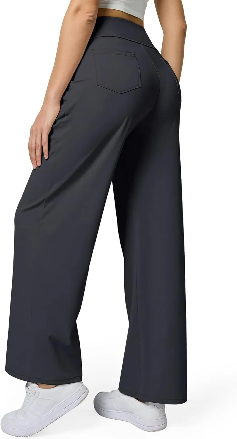 Womens Wide Leg Pants Pull On High Waist Stretch Dress Business Casual Yoga Work Pants with 5 Pockets