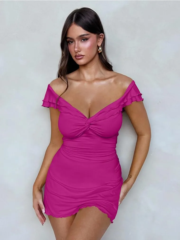 XXTAXN Women's Sexy Ruffle Sleeve V Neck Wrap Cocktail Bodycon Mini Dress