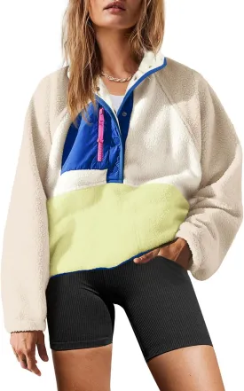 Yanekop Womens Fuzzy Fleece Pullover Sherpa Sweatshirt Long Sleeve Button Down Sweater Jacket with Pockets