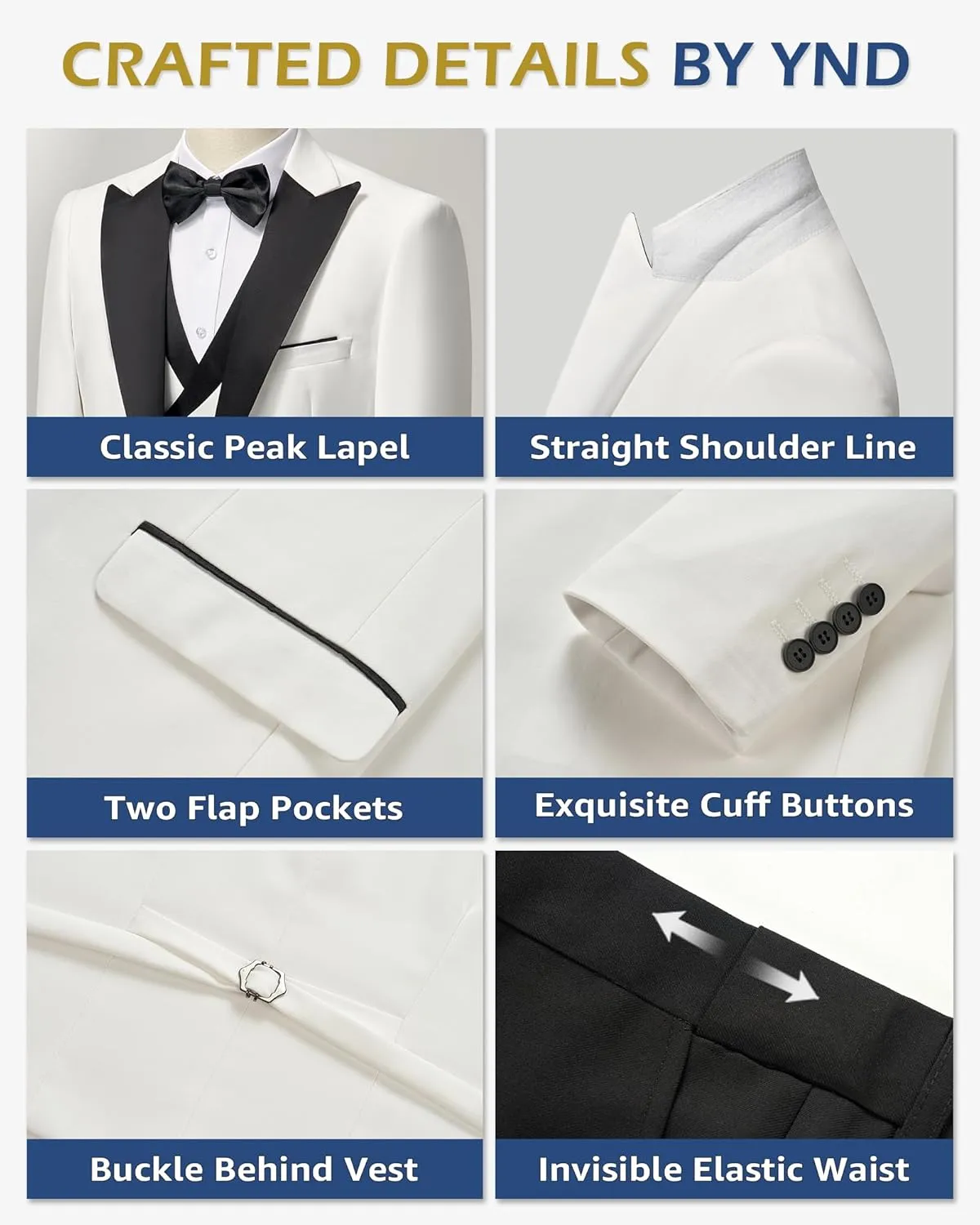 YND Men's 3 Piece Slim Fit Wedding Tuxedo Set, Peak Lapel One Button Suit Jacket, Double Breasted Vest Pants with Bow Tie