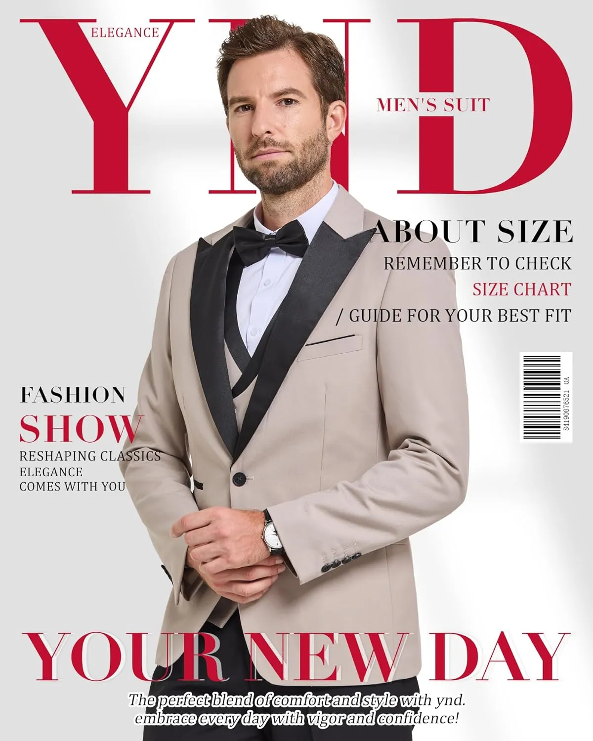 YND Men's 3 Piece Slim Fit Wedding Tuxedo Set, Peak Lapel One Button Suit Jacket, Double Breasted Vest Pants with Bow Tie