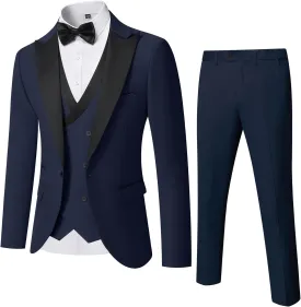 YND Men's 3 Piece Slim Fit Wedding Tuxedo Set, Peak Lapel One Button Suit Jacket, Double Breasted Vest Pants with Bow Tie