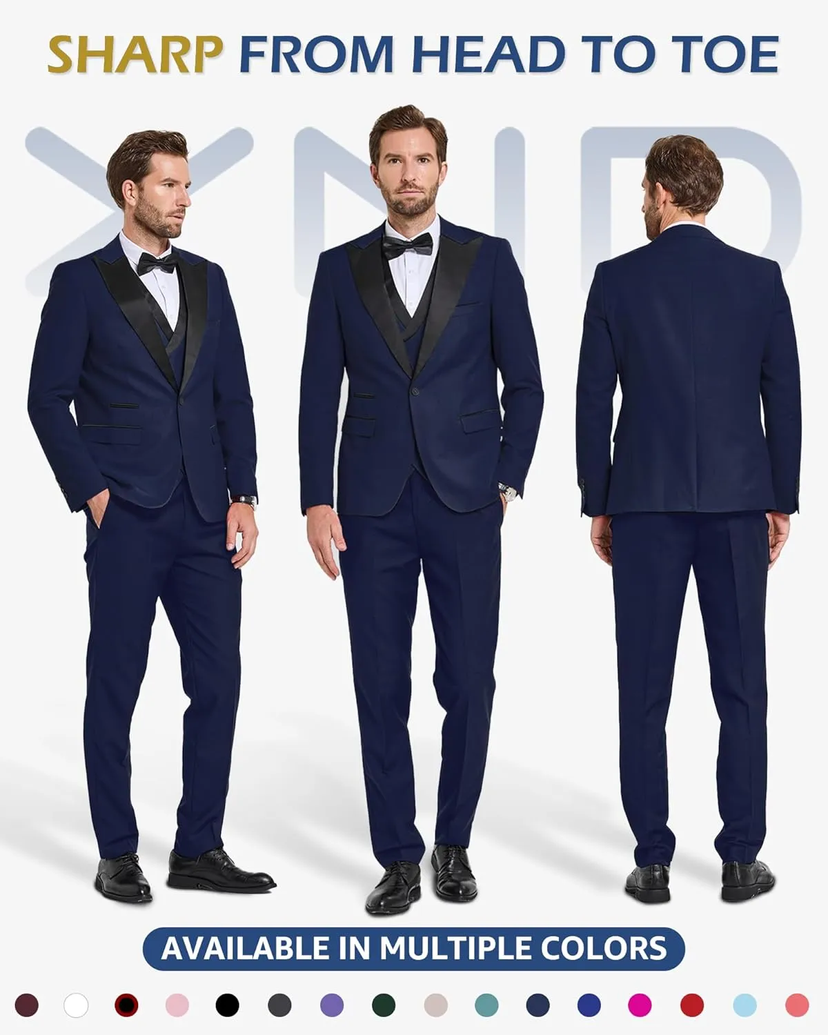 YND Men's 3 Piece Slim Fit Wedding Tuxedo Set, Peak Lapel One Button Suit Jacket, Double Breasted Vest Pants with Bow Tie