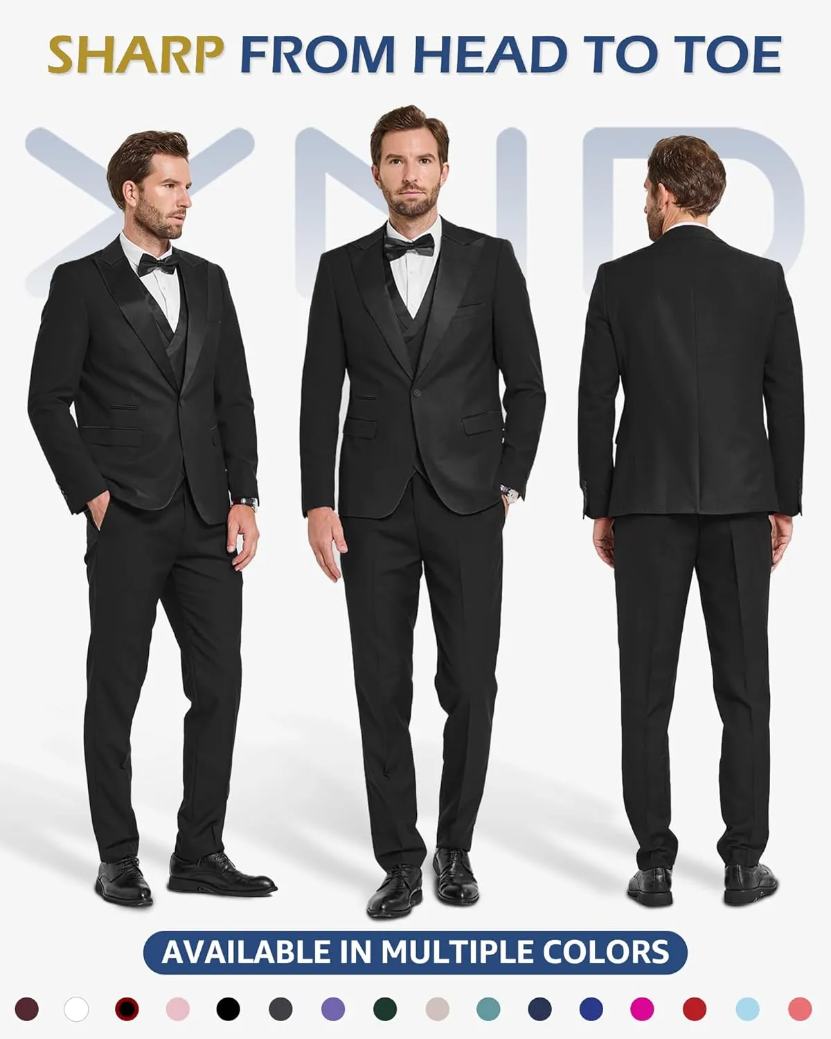 YND Men's 3 Piece Slim Fit Wedding Tuxedo Set, Peak Lapel One Button Suit Jacket, Double Breasted Vest Pants with Bow Tie