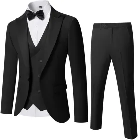 YND Men's 3 Piece Slim Fit Wedding Tuxedo Set, Peak Lapel One Button Suit Jacket, Double Breasted Vest Pants with Bow Tie