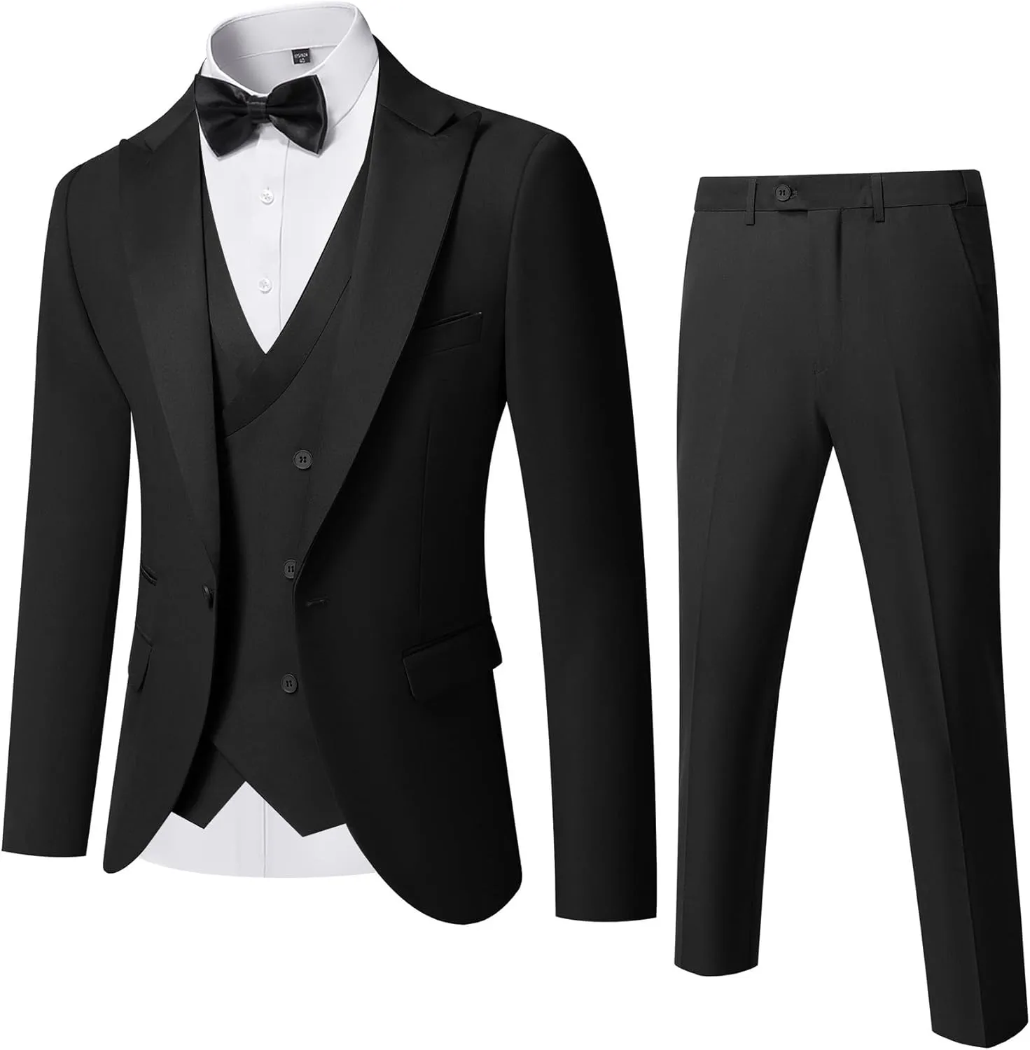 YND Men's 3 Piece Slim Fit Wedding Tuxedo Set, Peak Lapel One Button Suit Jacket, Double Breasted Vest Pants with Bow Tie