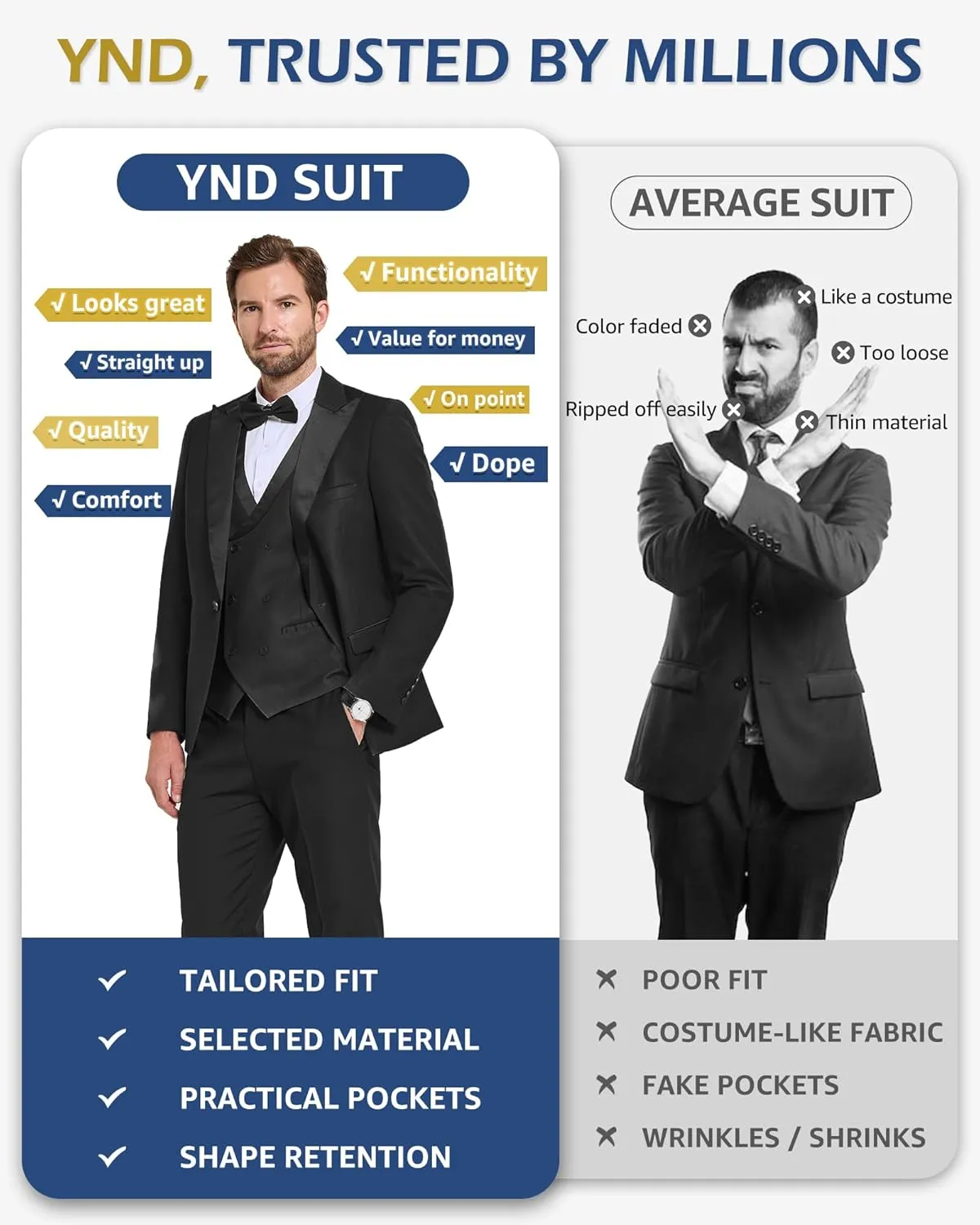 YND Men's 3 Piece Slim Fit Wedding Tuxedo Set, Peak Lapel One Button Suit Jacket, Double Breasted Vest Pants with Bow Tie