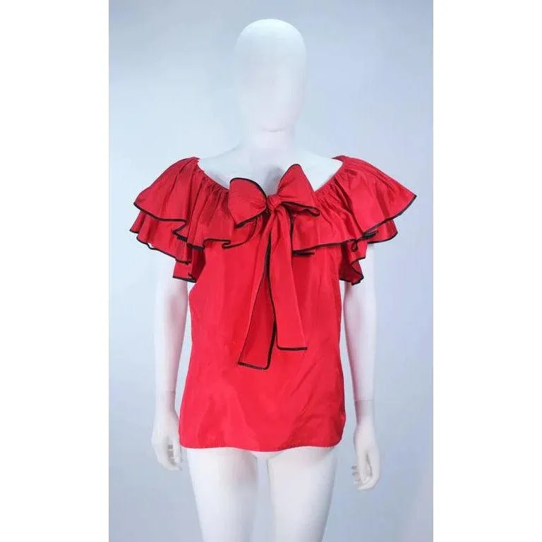 Yves Saint Laurent Red Satin Ruffled Skirt Set | 40