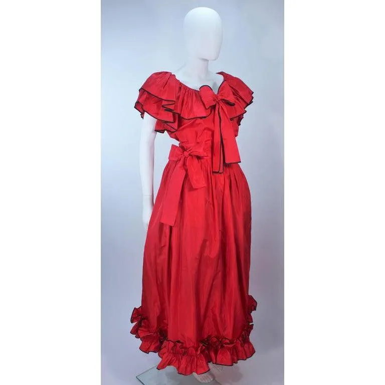 Yves Saint Laurent Red Satin Ruffled Skirt Set | 40