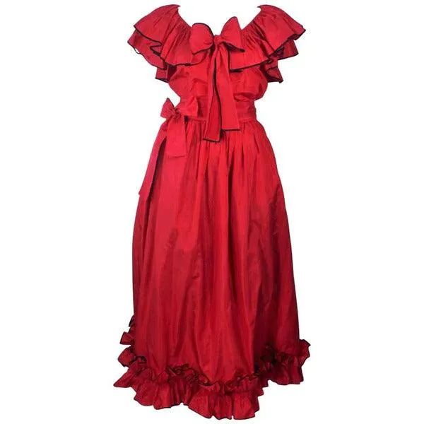 Yves Saint Laurent Red Satin Ruffled Skirt Set | 40
