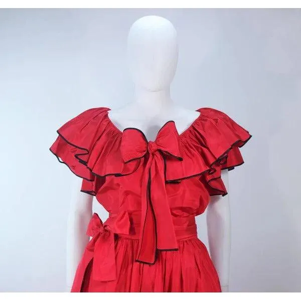 Yves Saint Laurent Red Satin Ruffled Skirt Set | 40