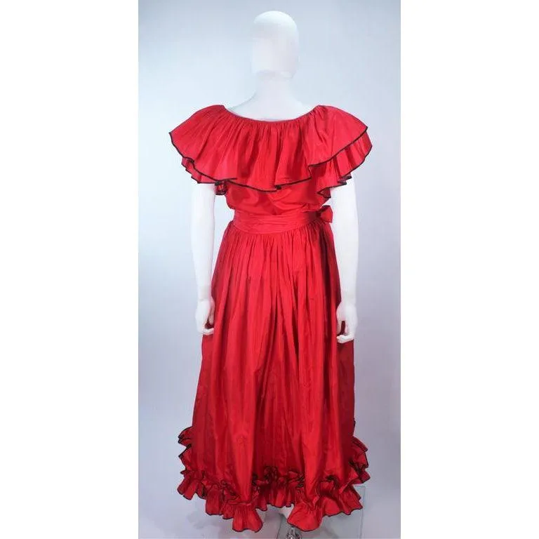 Yves Saint Laurent Red Satin Ruffled Skirt Set | 40