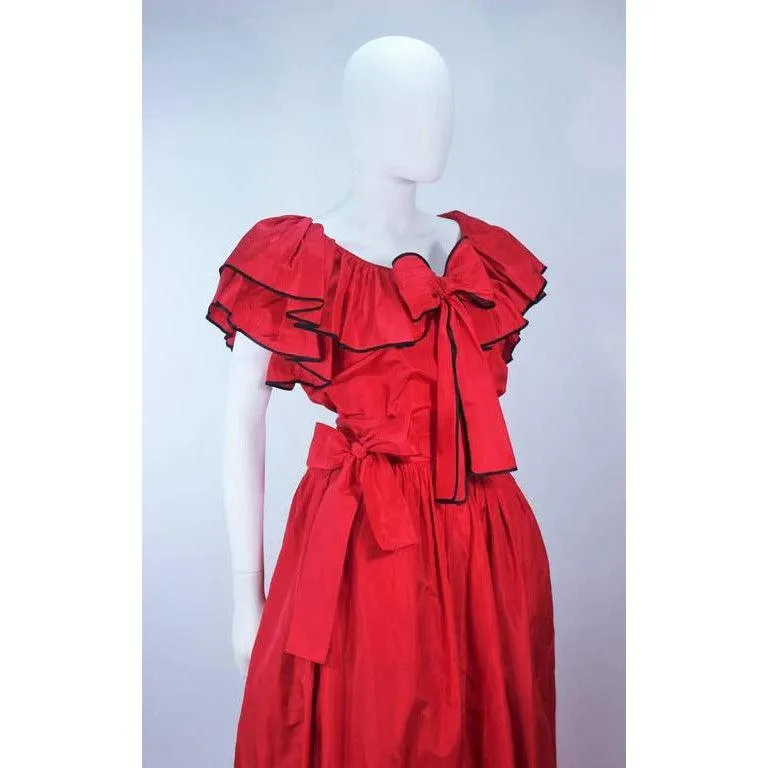 Yves Saint Laurent Red Satin Ruffled Skirt Set | 40