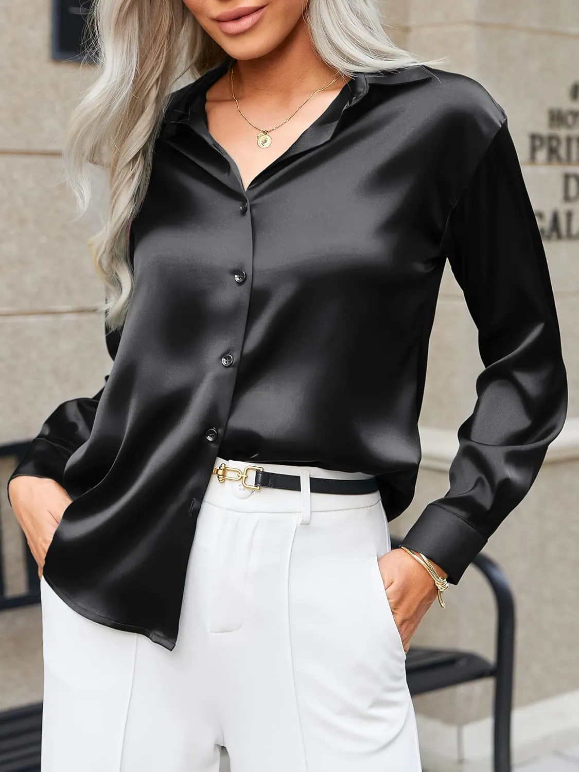 Zeagoo Women Satin Button Down Shirt Long Sleeve Tops Silk Blouse V Neck Dressy Casual Loose Work Office Blouse Tunic Fall