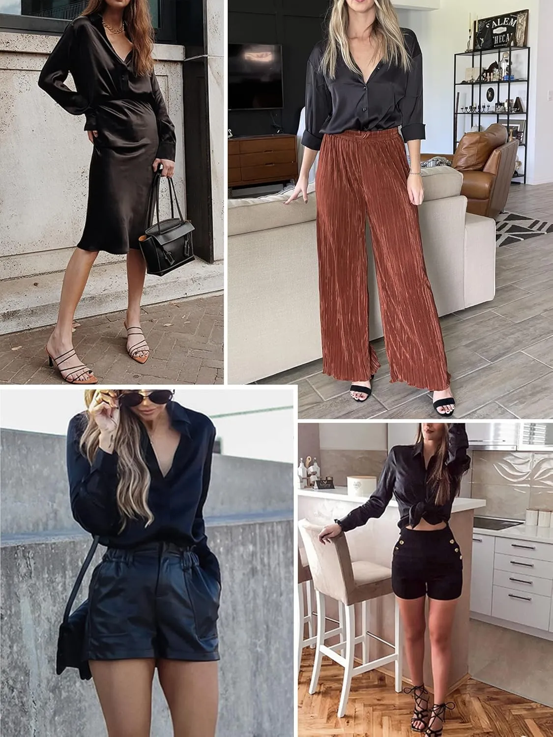 Zeagoo Women Satin Button Down Shirt Long Sleeve Tops Silk Blouse V Neck Dressy Casual Loose Work Office Blouse Tunic Fall